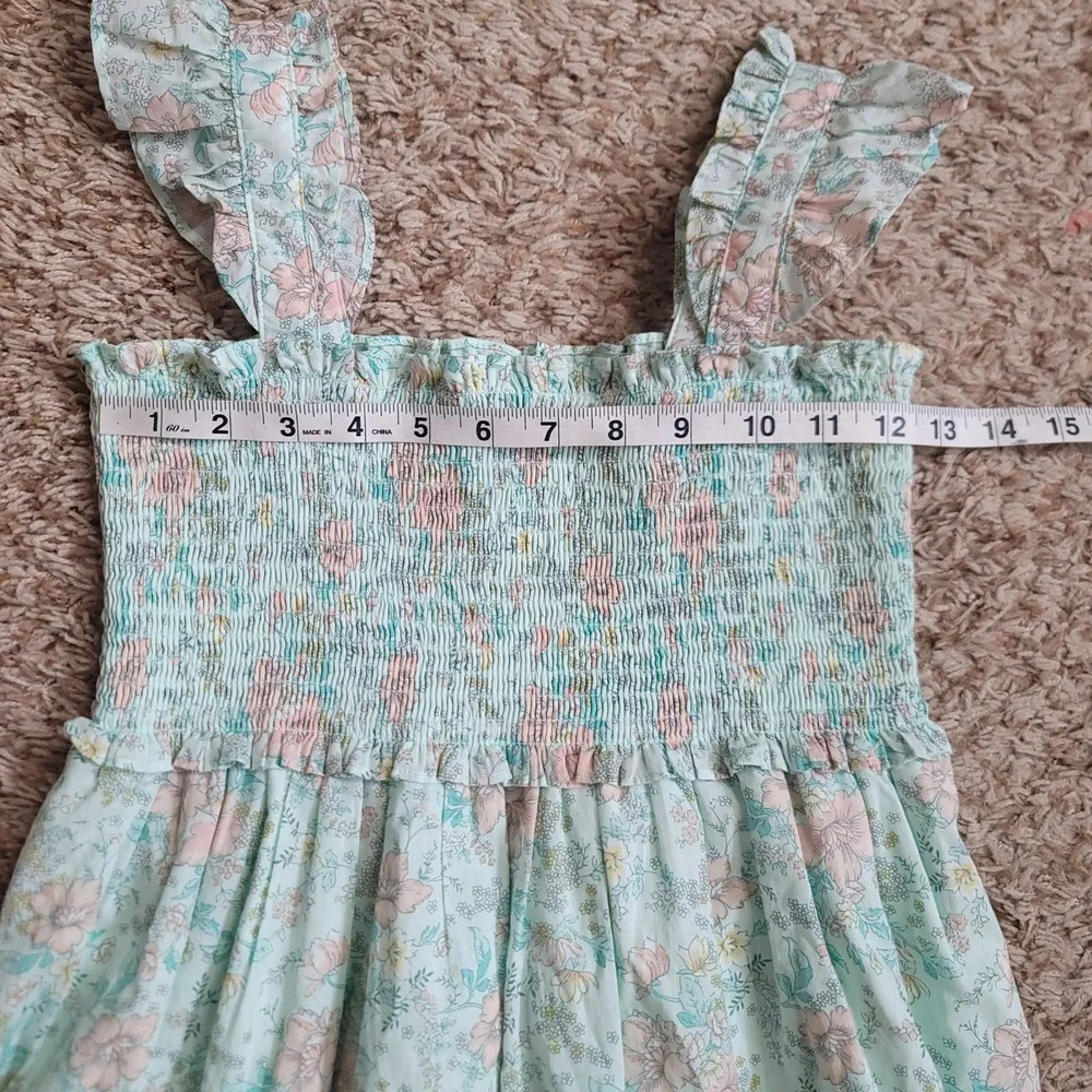 Janie and Jack Floral Sun Dress Girls 14 Mint Green Smocked Ruffle Tiered Cotton